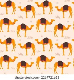 Cute colorful hand drawn seamless vector pattern background illustration with dromedary camel 