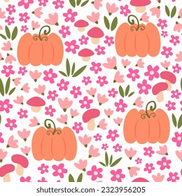 Cute colorful hand drawn seamless vector pattern background illustration with pumpkins, mushrooms, leaves and flowers