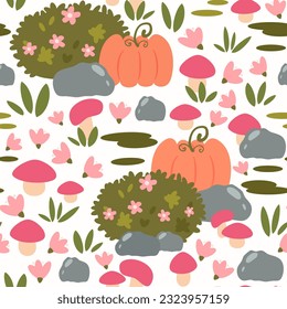 Cute colorful hand drawn seamless vector pattern background illustration with pumpkins, mushrooms, bushes, stones and flowers