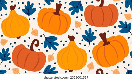 Cute colorful hand drawn seamless vector pattern background illustration with pumpkins and blue and yellow leaves