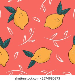 cute colorful hand drawn seamless vector pattern illustration with abstract white branches and yellow lemons with green leaves on red background	