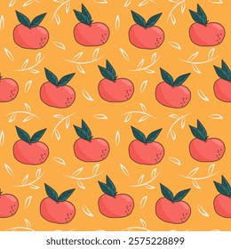 cute colorful hand drawn seamless vector pattern illustration with abstract white branches and red apples with green leaves on yellow background