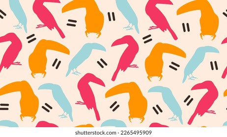 Cute colorful hand drawn toucan birds and lines seamless vector pattern illustration on beige background