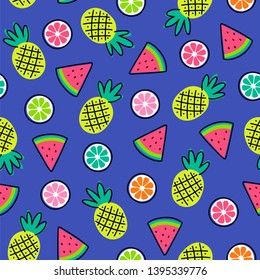 Cute colorful hand drawn tropical fruits seamless pattern background.