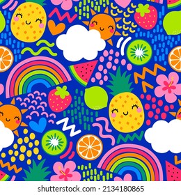 Cute colorful hand drawn tropical fruit, rainbow and sun seamless pattern for summer holidays background.