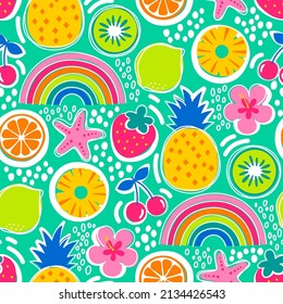 Cute colorful hand drawn tropical fruit and rainbow seamless pattern for summer holidays background.