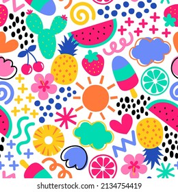 Cute colorful hand drawn tropical fruit seamless pattern for summer holidays background.