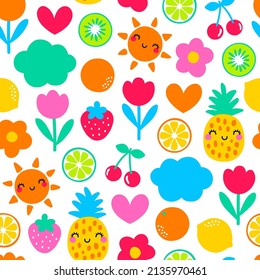 Cute colorful hand drawn tropical fruits seamless pattern for summer holidays background.
