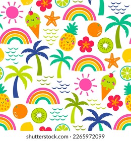 Cute colorful hand drawn tropical fruit , palm tree and rainbow seamless pattern for summer holidays background.