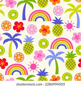 Cute colorful hand drawn tropical fruit , palm tree, hibiscus, sun and rainbow seamless pattern for summer holidays background.