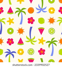 Cute colorful hand drawn tropical fruit , palm tree, hibiscus, starfish and sun seamless pattern for summer holidays background.