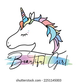 Cute colorful hand drawn unicorn design and "beautiful girl" text. T-shirts and fabrics for kids, product wallpapers, etc.