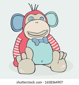 Cute, colorful hand drawn vector in kids cartoon style of a cheerful ape