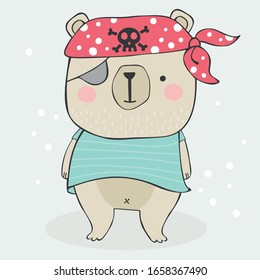 Cute, colorful hand drawn vector in kids cartoon style of a pirate bear