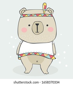 Cute, colorful hand drawn vector in kids cartoon style of a indian bear