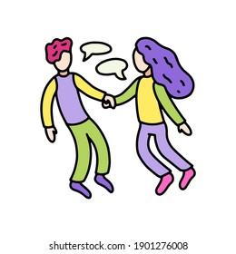 Cute colorful hand drawn vector doodle with a man and a woman talking. Vector template for card, postcard, banner, poster, sticker and social media