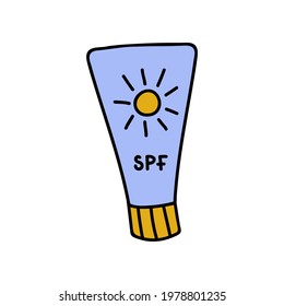 Cute and colorful hand drawn vector sunscreen against ultraviolet, with spf, cream, lotion, spray. Stylized illustration with hand drawn outline isolated on background. For sticker, scrapbook, fabric.