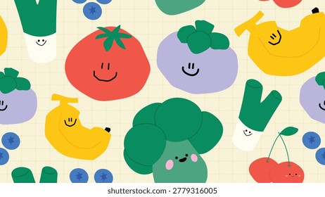 Cute colorful hand drawn vegetable fruit seamless pattern vector. Design for kids fabric, nursery wallpaper, wrapping paper, baby textile, children stationery and playful kitchen background.
