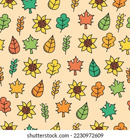 cute colorful hand-drawn autumn leaves doodles repeat pattern design