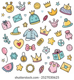 Cute and colorful hand-drawn baby shower clipart with adorable elements like crowns, baby clothes, and gifts. Perfect for adding a touch of whimsy to your invitations, decorations.