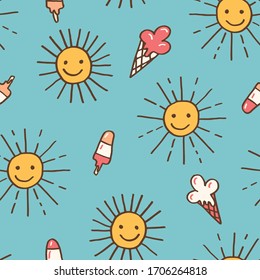 Cute Colorful Hand-Drawn Felt Tip Marker Shining Sun with Beams and Melting Ice Cream Cones on Blue Background Vector Seamless Pattern. Whimsical Summer Trendy Kids Print for Fashion, Textiles