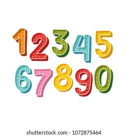 Cute colorful Handdrawn numbers set  with dots for kids made in vector. Doodle math elements from 0 to 9. Isolated characters. 