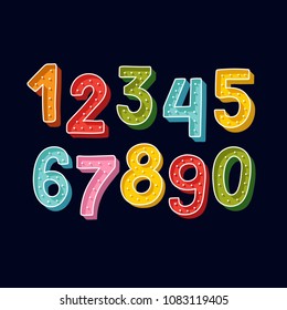 Cute colorful Handdrawn numbers set with dots for kids made in vector. Doodle math elements from 0 to 9. Isolated characters. 