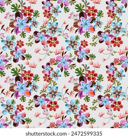 Cute, colorful, hand-drawn, seamless pattern of small flowers on a light background. Designed for fabric, textiles, wallpaper, gift wrapping paper.