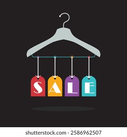 Cute colorful hanging SALE row leveled tags icon on clothing hanger with black background design element poster