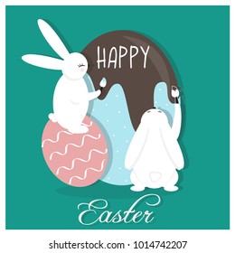 Cute and colorful Happy Easter card. Background, Banner with rabbit, bunnies and eggs