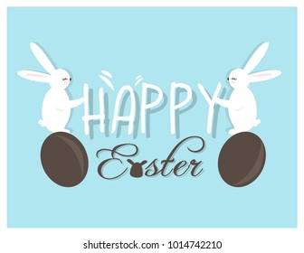 Cute and colorful Happy Easter card. Background, Banner with rabbit, bunnies and eggs
