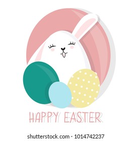 Cute and colorful Happy Easter card. Background, Banner with rabbit, bunnies and eggs