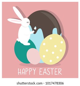 Cute and colorful Happy Easter card. Background, Banner with rabbit, bunnies and eggs