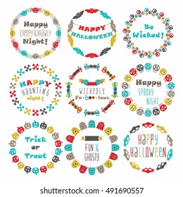 Cute And Colorful Happy Halloween Circle Border Pattern Emblems Set With Some Messages On White Background