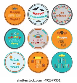 Cute and colorful Happy Halloween circle labels set with some messages on white background