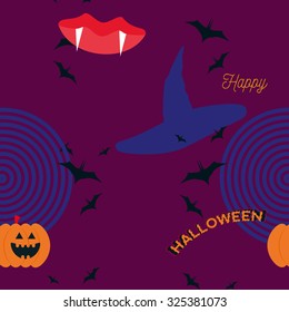 Cute colorful  happy halloween pattern with text, pumpkins, vampire lips and teeth, bats, circles and witch hats
