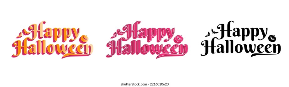 Cute Colorful Happy Halloween Typography Art, isolated on white background. Happy Halloween in orange and pink red lettering with curls, bats, and pumpkins. Happy Halloween in black. Vector Art.