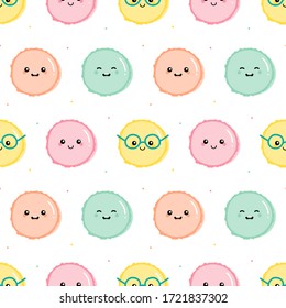 Cute and colorful happy macaron characters and dots vector seamless pattern background.