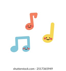 Cute colorful happy musical note cartoon character. Education, leisure, entertainment, learning concept. Flat decorative vector design illustration isolated on background.