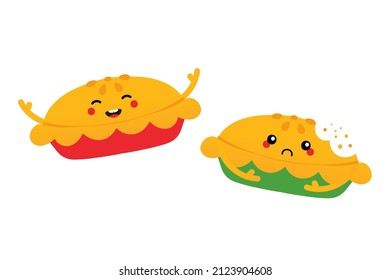 Cute colorful happy and sad cartoon style pie characters for food and cooking design.
