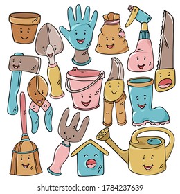 Cute colorful happy smiling characters garden tools vector collection isolated on a white background for graphic design. 
