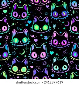Cute colorful heads of cats on a black background. Seamless illustration