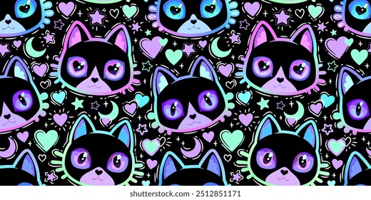 Cute colorful heads of cats on a black background. Seamless illustration