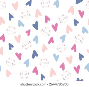 Cute colorful heart seamless pattern with cat face, isolated on white background. Vector illustration in doodle style. Design for childish textile, fabric, wallpaper, and wrapping, etc.
