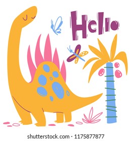 Cute colorful Hello card with a dinosaur