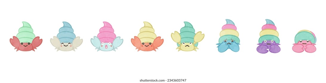 Cute colorful hermit crab illustration set.