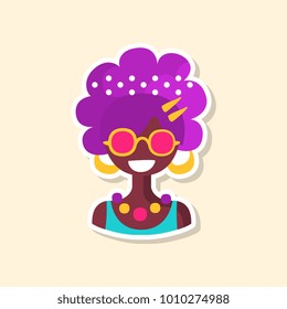 Cute colorful hippie woman, sticker in bright colors, fashion patch vector illustration, cartoon style
