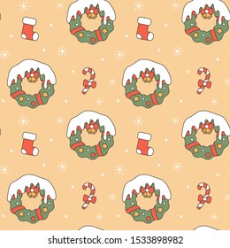 cute colorful holidays seamless vector pattern background illustration with christmas wreath, snowflakes, candy cane and socks