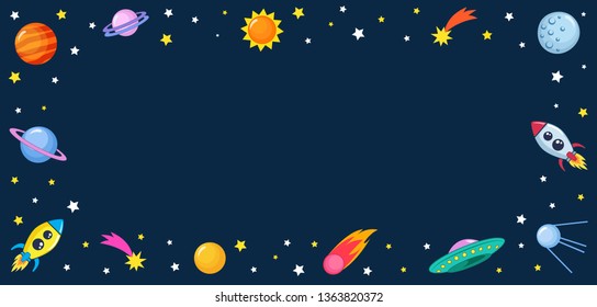 Cute colorful horizontal background template with space mars stars planets ufo rockets spaceships satellite and comet on dark background. Vector illustration