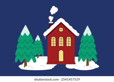Cute Colorful House Or Residence With Warm Light Surrounded By Snow And Pine Trees In Christmas Season